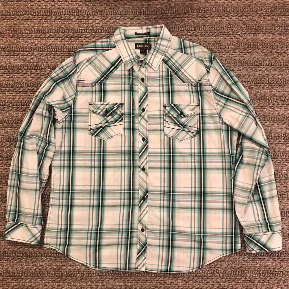 Helix Men’s Plaid Button Down Shirt White Green